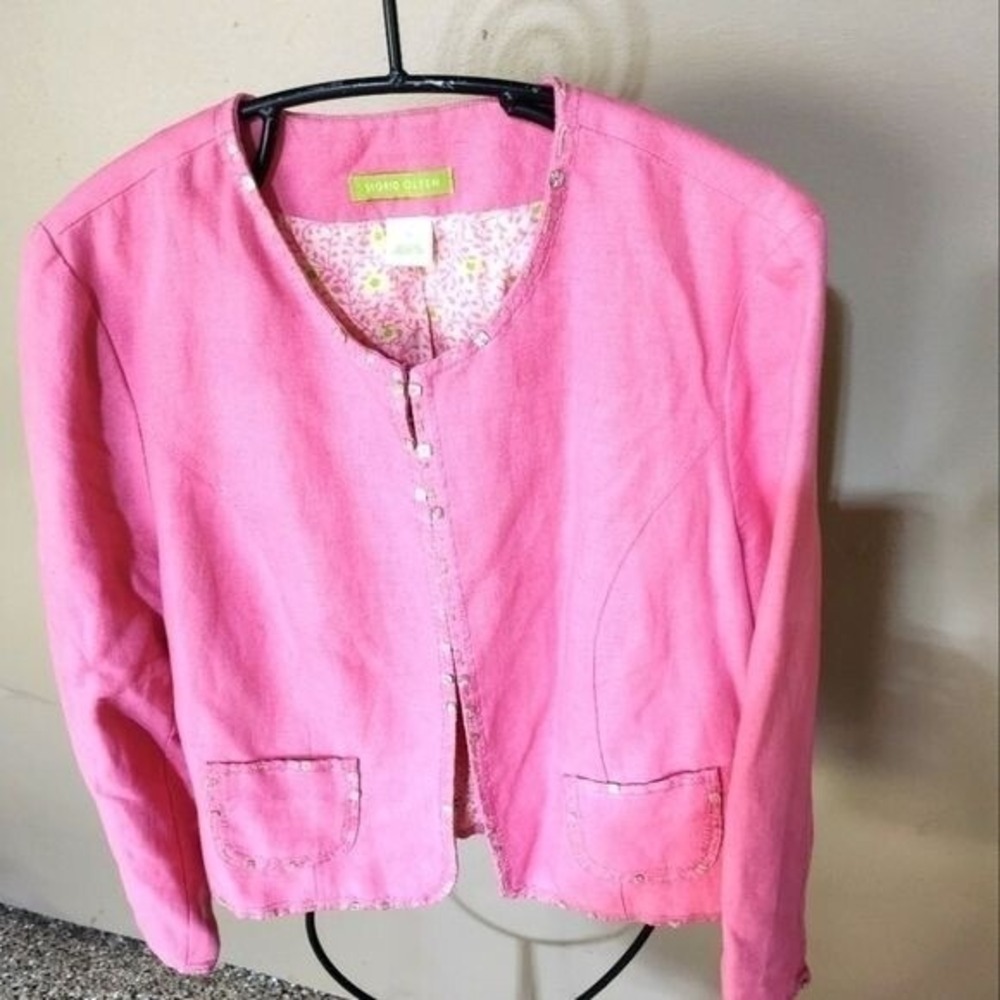 Sigrid Olsen Pink Linen Blend Sequin Trim Blazer Jacket Floral Lining Size 14